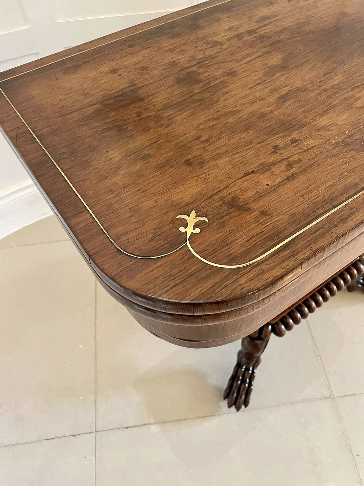 2995.0 Fine Quality Antique Carved Rosewood Brass Inlaid Card Table photo