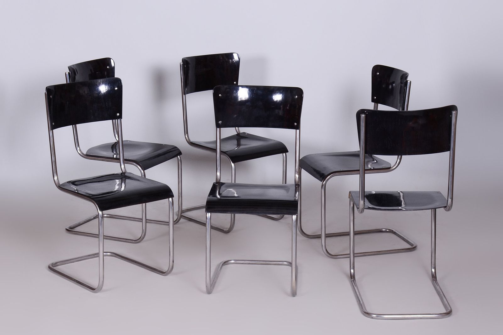 photo furniture Set Of 6 Black Bauhaus Chairs, Restored, High Gloss, Vichr A Spol, Czechia, 1930s