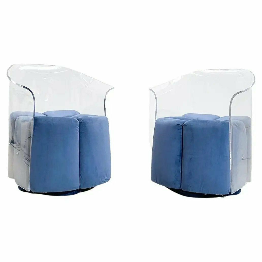 Pair Of Mid Century Modern Lucite Armchairs In Blue Velvet