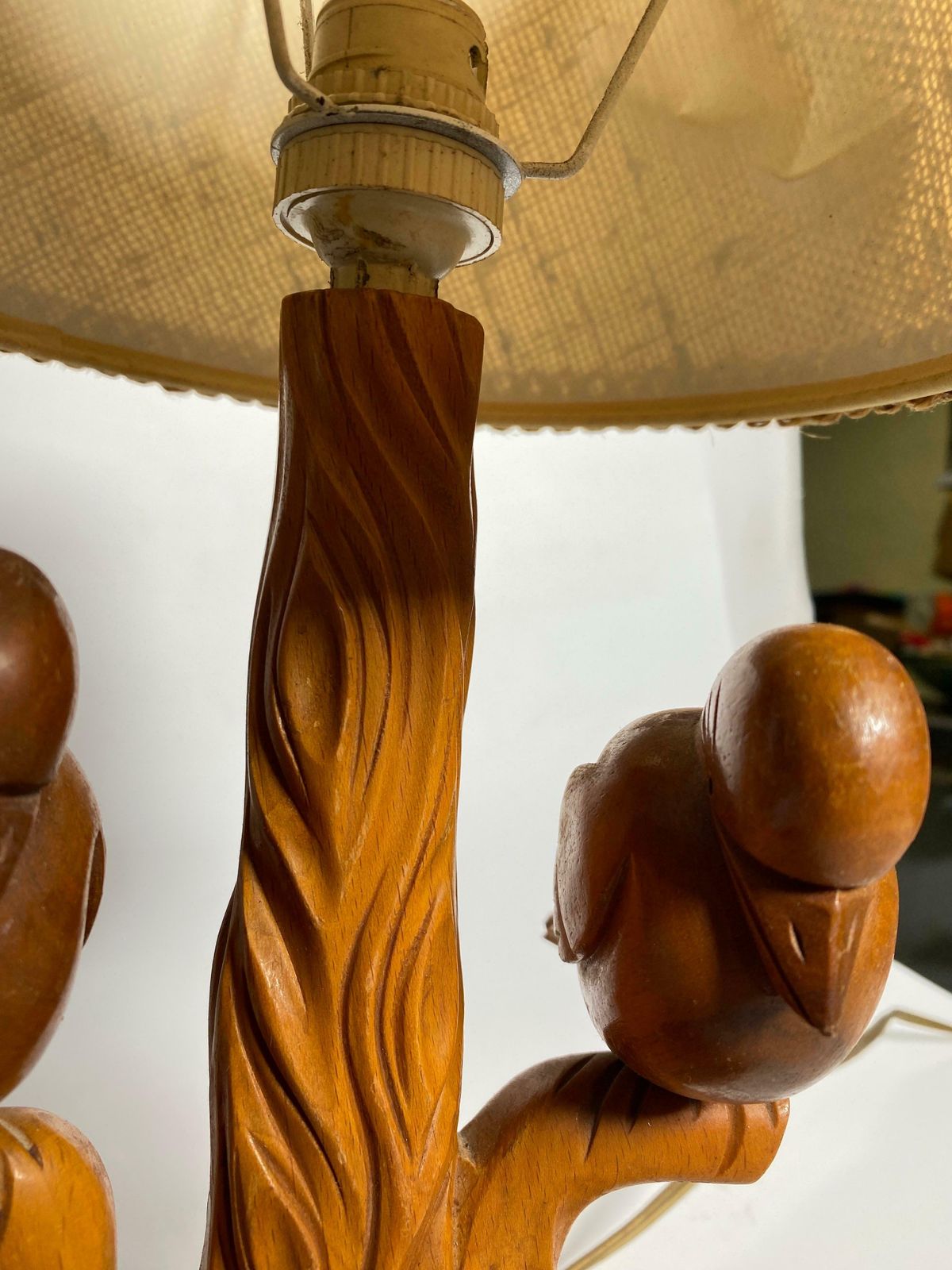Table Lamp In Wood, Birds In A Branch, Brown Colour, France, 1940 photo vinterior