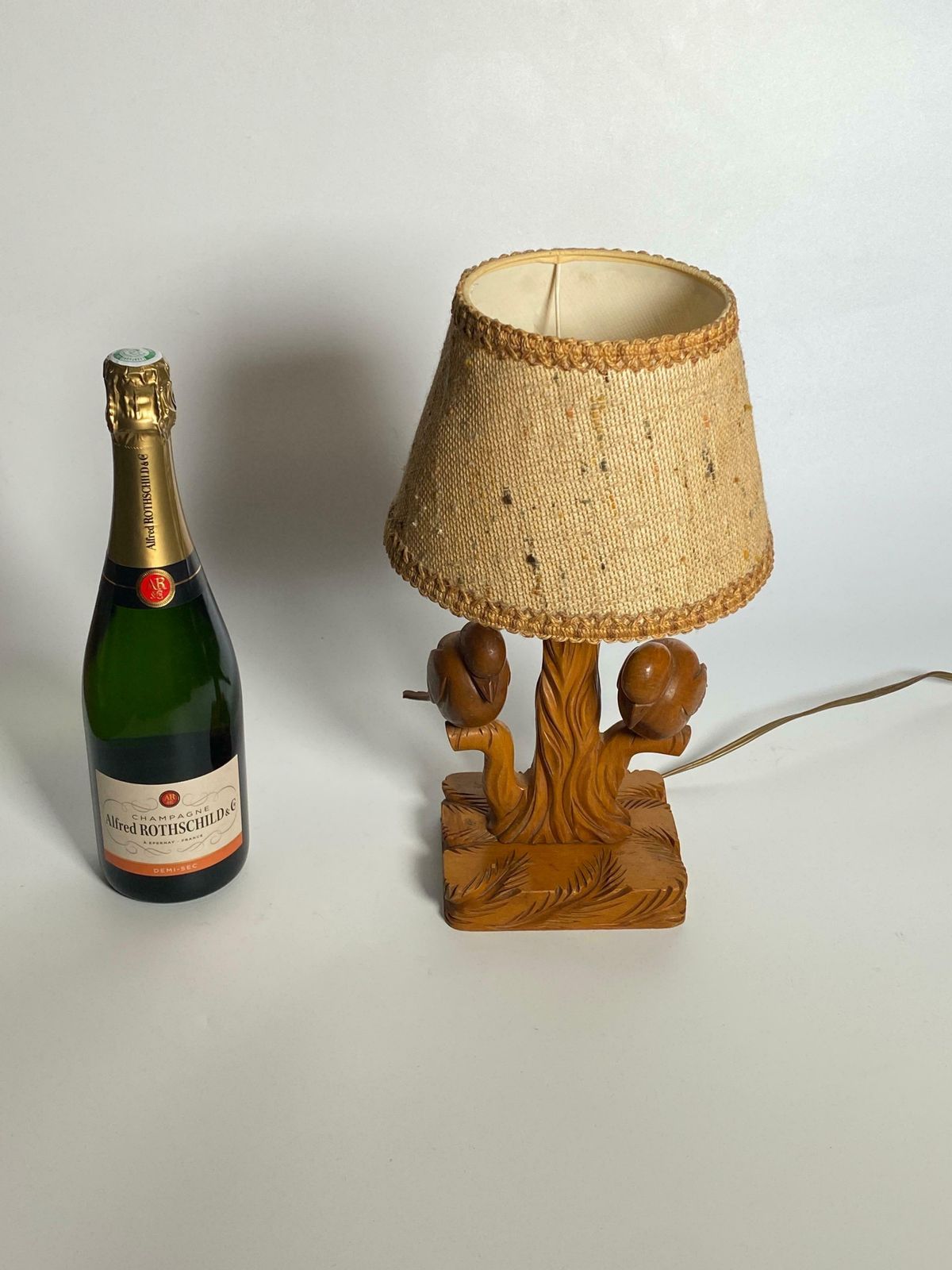 Lighting Table Lamp In Wood, Birds In A Branch, Brown Colour, France, 1940 photo