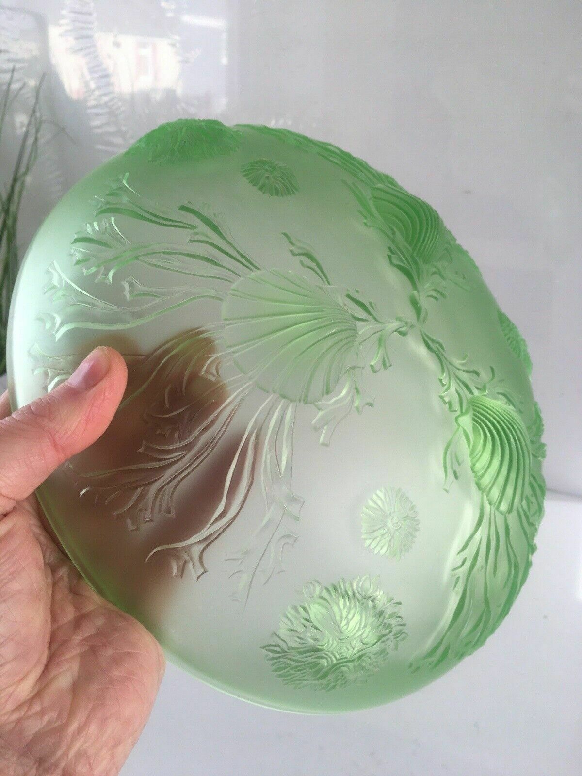 275.0 Art Deco Uranium Glass Dessert Bowl Set Seaweed Seashell Verlys Walther & Sohne photo