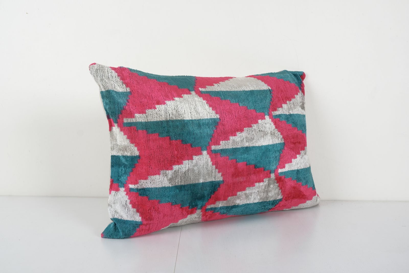 Silk Ikat Velvet Lumbar Pillow Cover   Ethnic Decorative Pink Oblong Cushion 16'' X 24'' photo Textiles