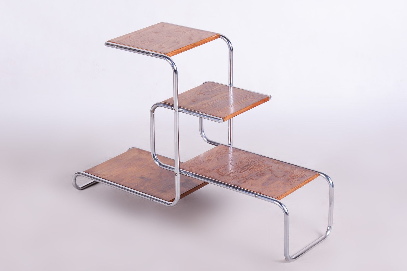 Unusual Czech Oak Bauhaus Style Chrome étagère, Flower Stand, Kovona, Czechia, 1930s