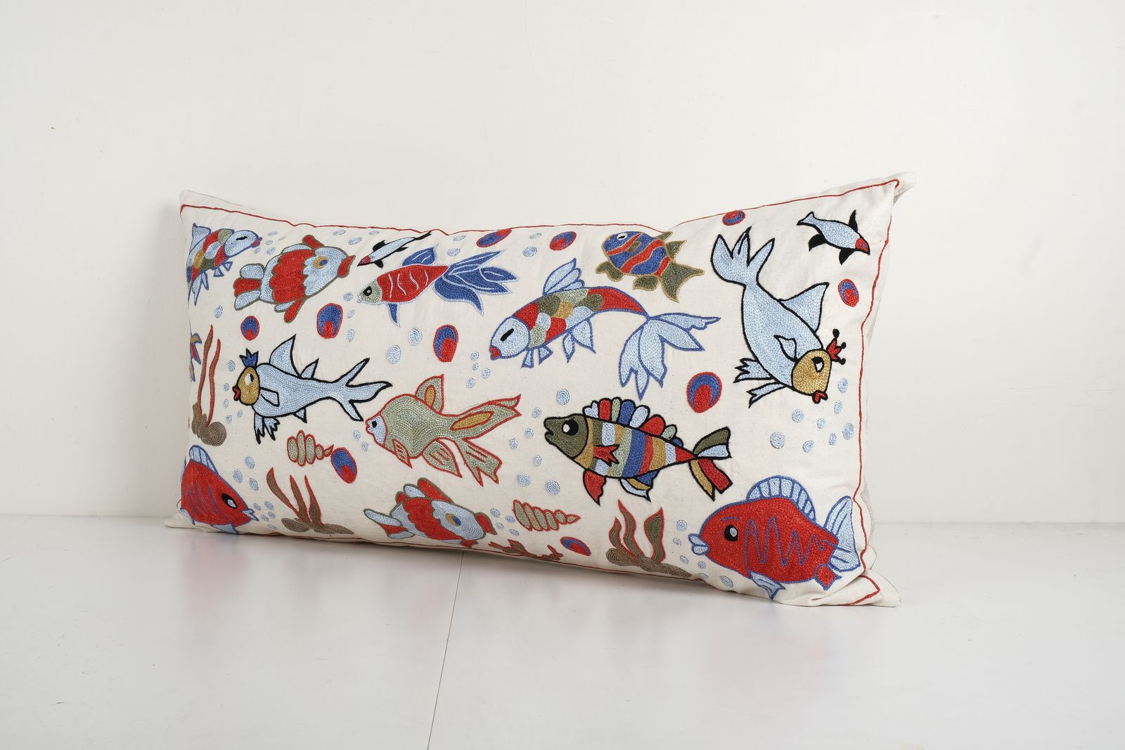 Animal Motif Suzani Pillow, Handmade Aquarium Pictorial Embroidered Pillow Cover From Bukhara 18'' X 35'' photo furniture