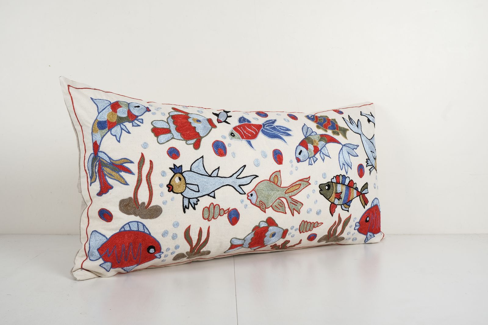 Animal Motif Suzani Pillow, Handmade Aquarium Pictorial Embroidered Pillow Cover From Bukhara 18'' X 35'' photo for sale