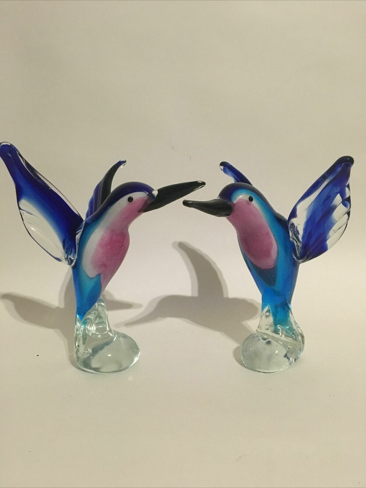 Pair Of Art Glass Hummingbirds Or Kingfishers Handmade Ornaments Murano Style