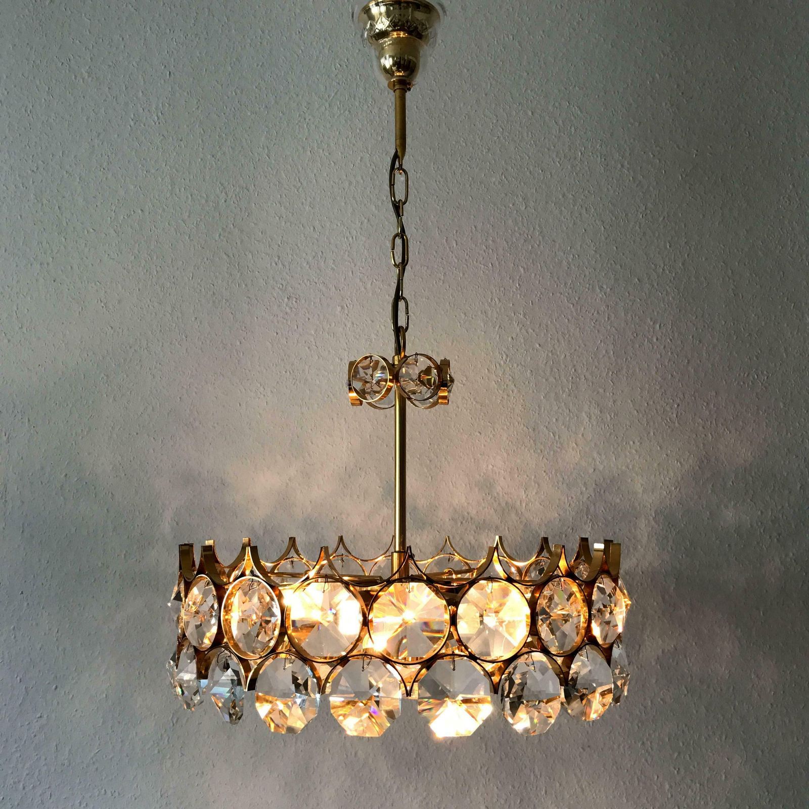 Gorgeous Gilt Brass Facet Cut Crystal Glass Chandelier By Palwa Germany 1960s