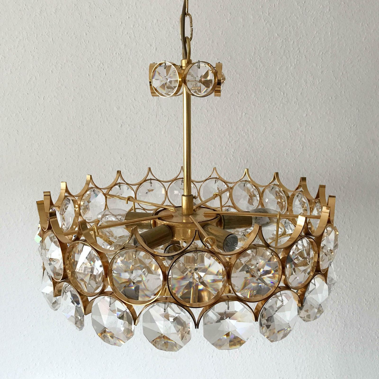 Gorgeous Gilt Brass Facet Cut Crystal Glass Chandelier By Palwa Germany 1960s photo furniture