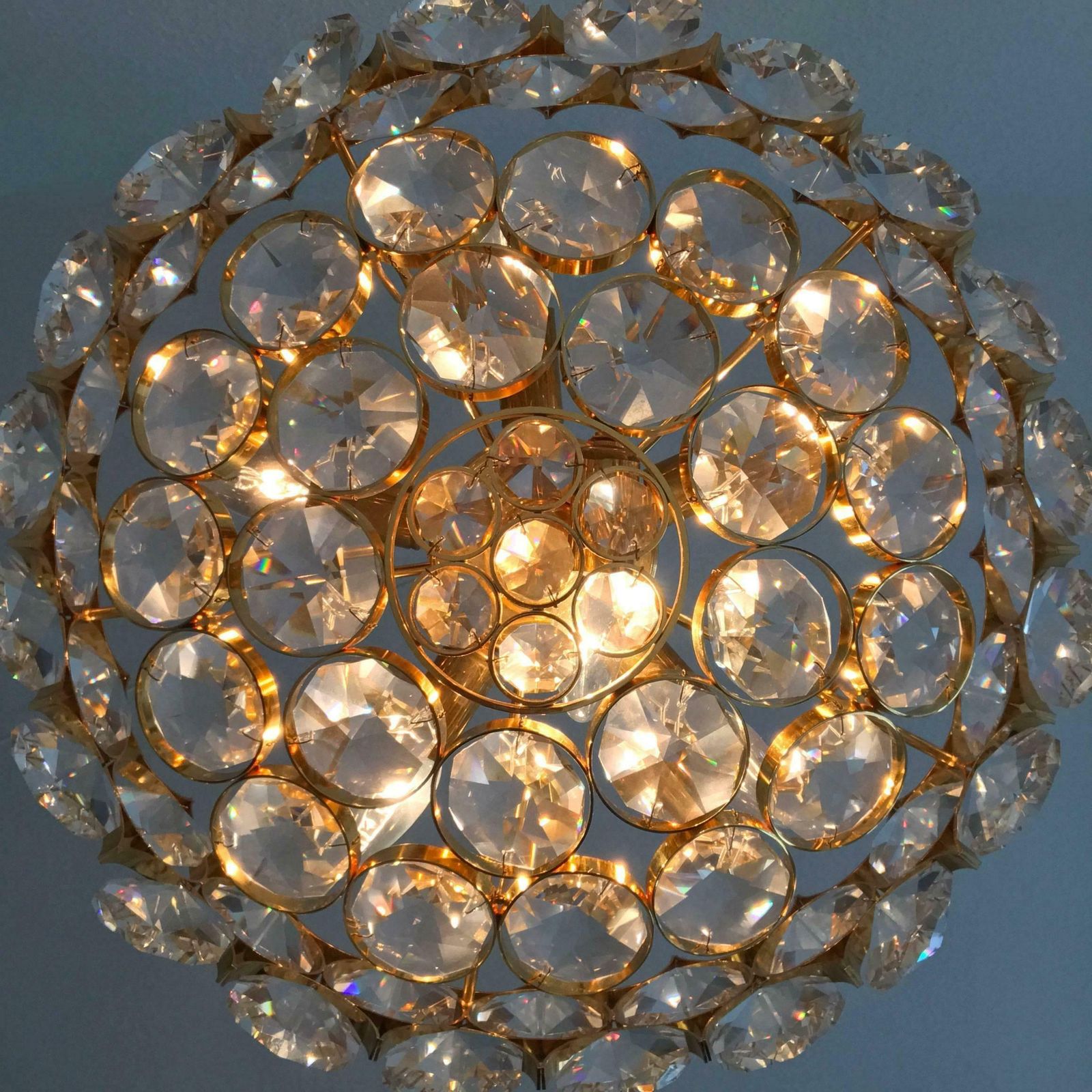 photo furniture Gorgeous Gilt Brass Facet Cut Crystal Glass Chandelier By Palwa Germany 1960s