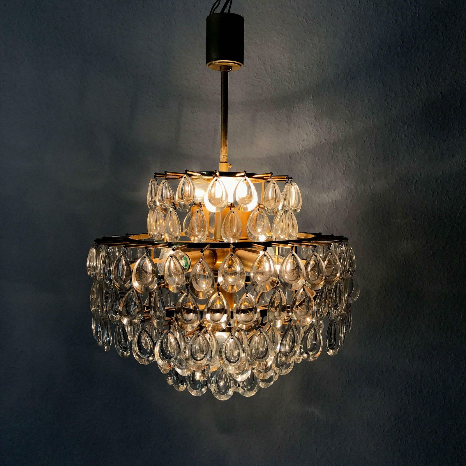 Seven Tiered Gilt Brass Chandelier Or Pendant Lamp By Palwa Germany 1960s photo for sale