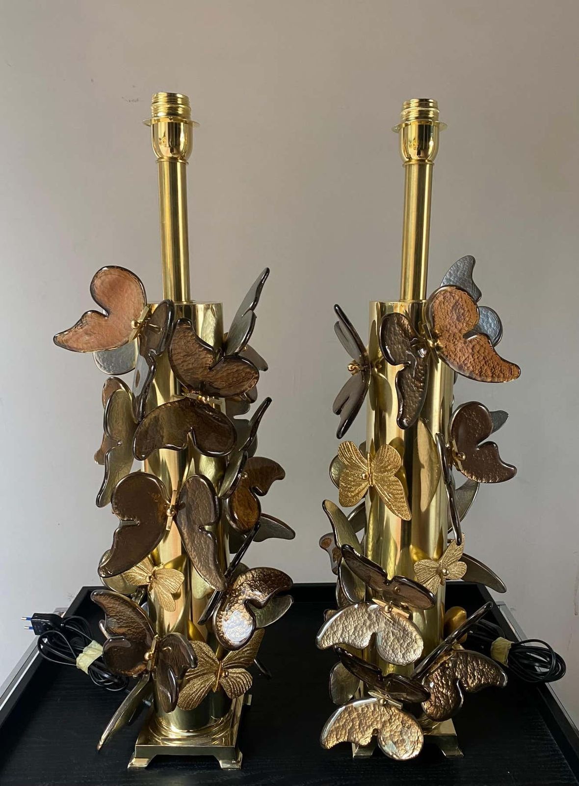 Pair Of Gold Metal Lamps With Murano Glass Butterflies photo furniture