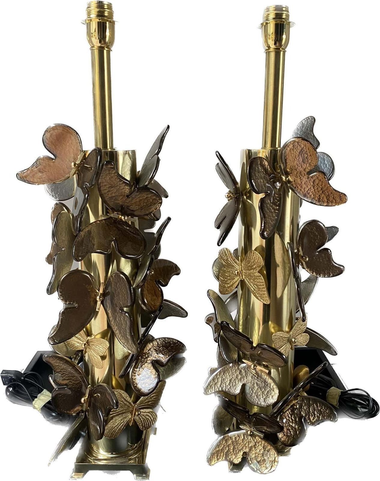 Lighting Pair Of Gold Metal Lamps With Murano Glass Butterflies photo