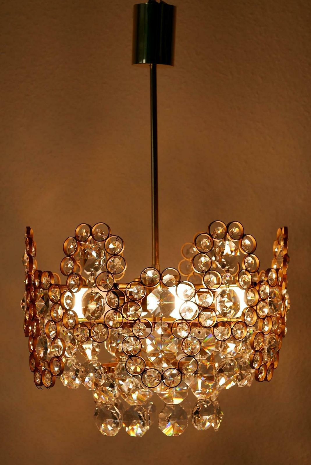 Gilt Brass Facet Cut Crystal Glass Chandelier By Palwa, 1970s, Germany photo furniture