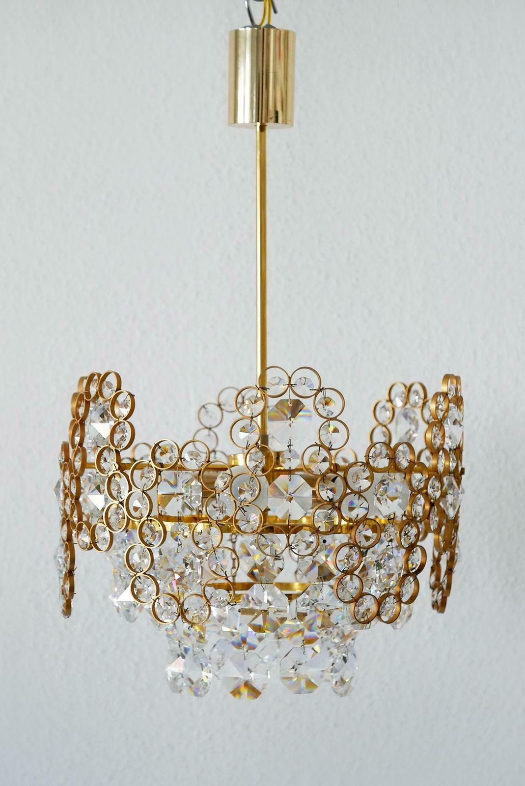 Gilt Brass Facet Cut Crystal Glass Chandelier By Palwa, 1970s, Germany photo 3496.0
