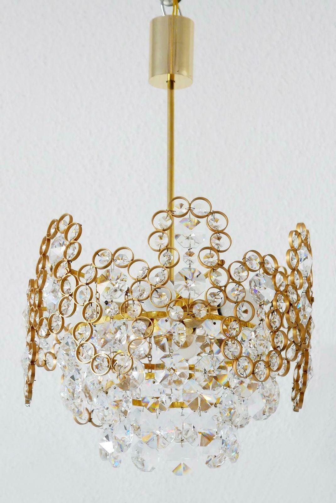 Gilt Brass Facet Cut Crystal Glass Chandelier By Palwa, 1970s, Germany photo vinterior