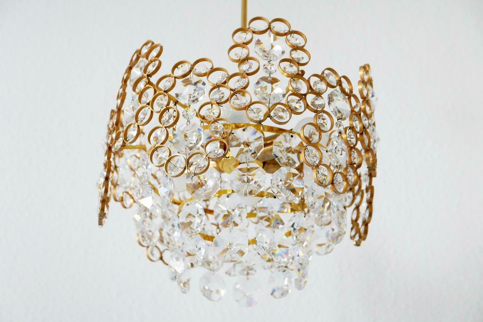 photo furniture Gilt Brass Facet Cut Crystal Glass Chandelier By Palwa, 1970s, Germany