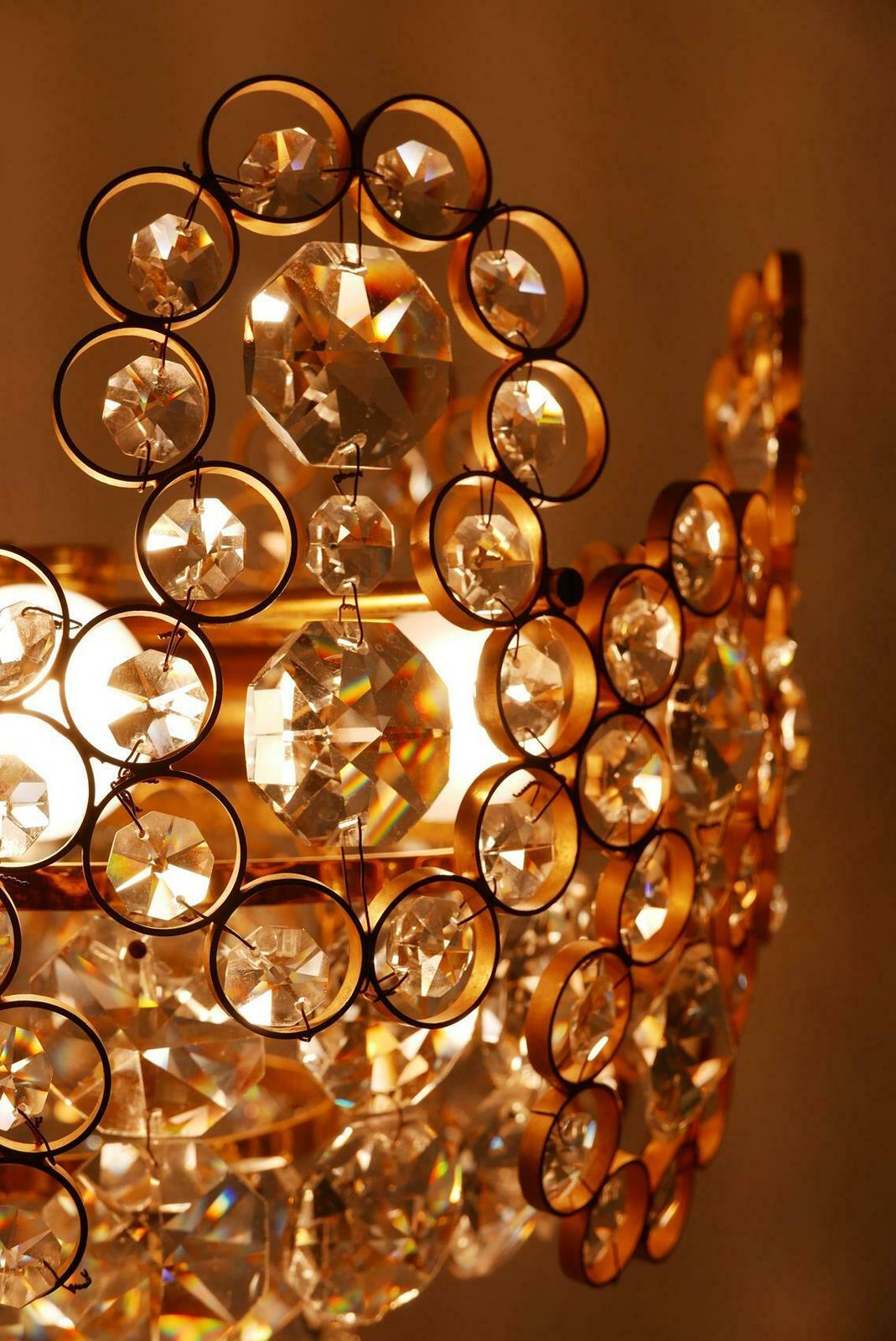 photo vinterior Gilt Brass Facet Cut Crystal Glass Chandelier By Palwa, 1970s, Germany