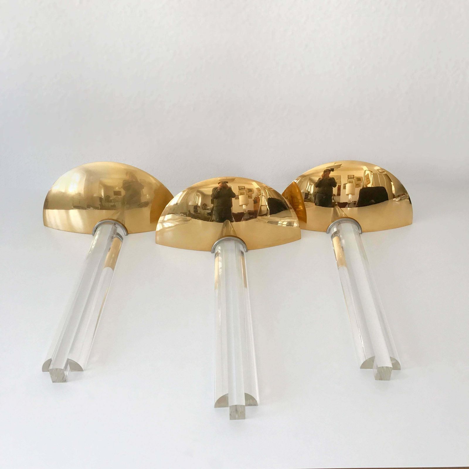 Large Gilt Brass And Lucite Italian Wall Lamps, Set Of Three