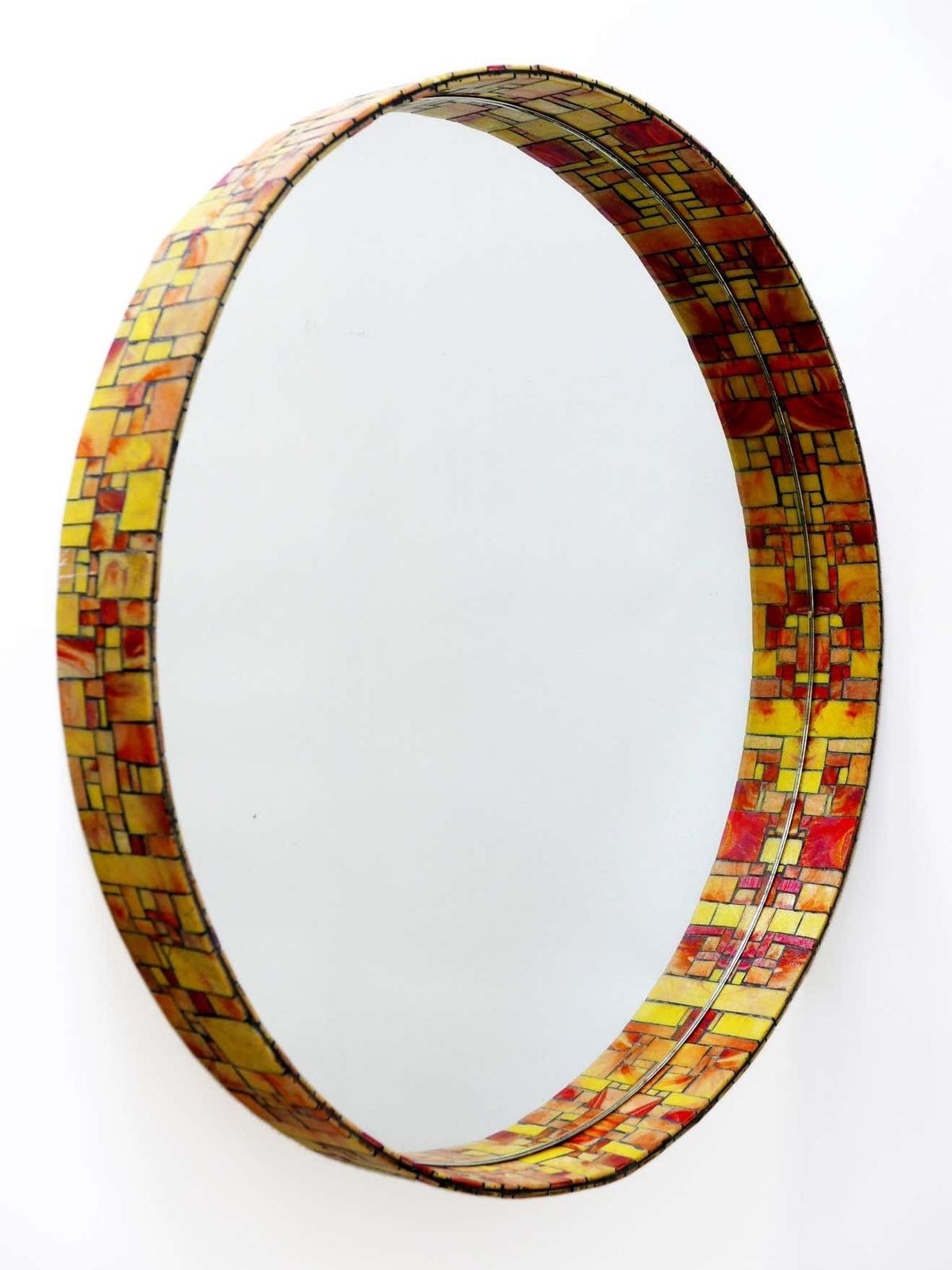 photo furniture Exceptional Mid Century Modern Mosaic Framed Circular Wall Mirror, Italy, 1960s