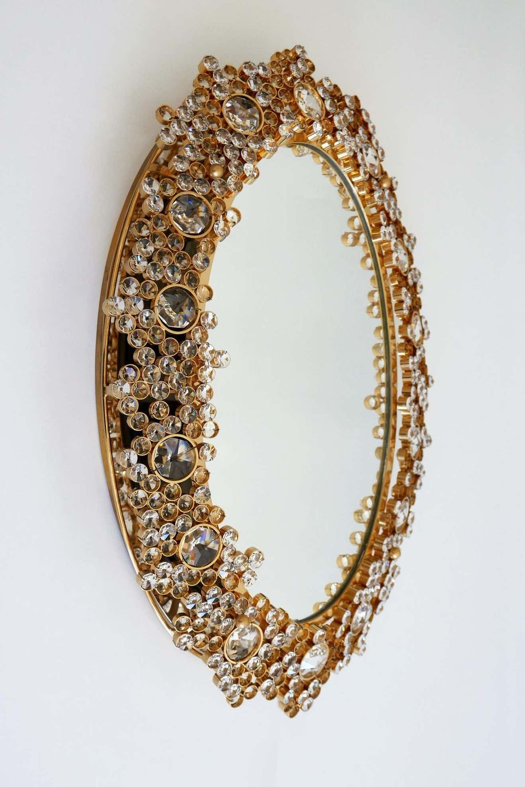 Gorgeous Gilt Brass & Crystal Glass Backlit Wall Mirror By Palwa, Germany, 1970s photo vintage