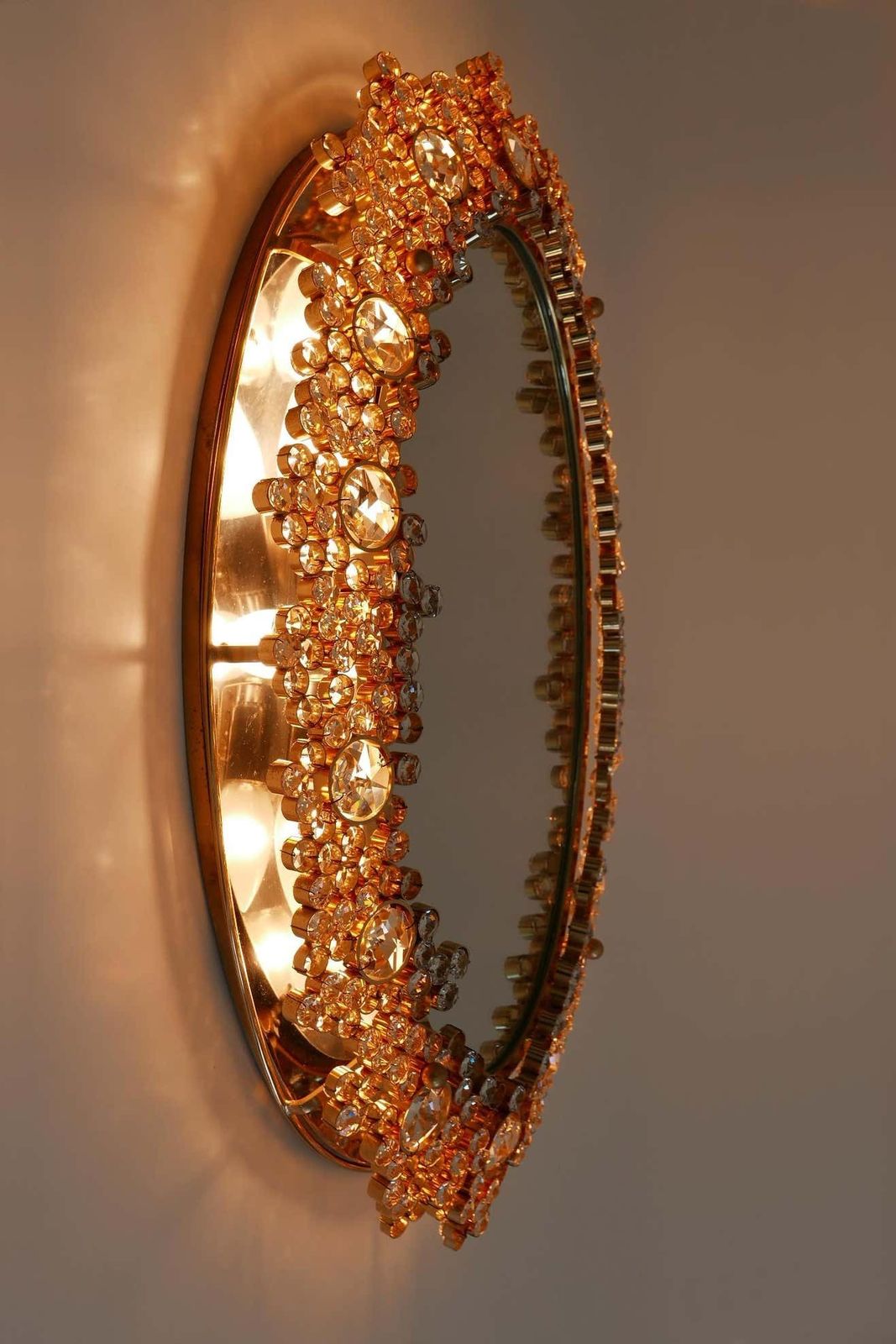 photo for sale Gorgeous Gilt Brass & Crystal Glass Backlit Wall Mirror By Palwa, Germany, 1970s