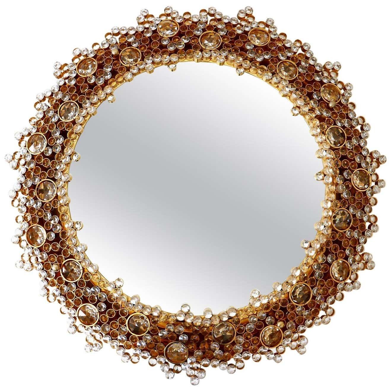 Gorgeous Gilt Brass & Crystal Glass Backlit Wall Mirror By Palwa, Germany, 1970s