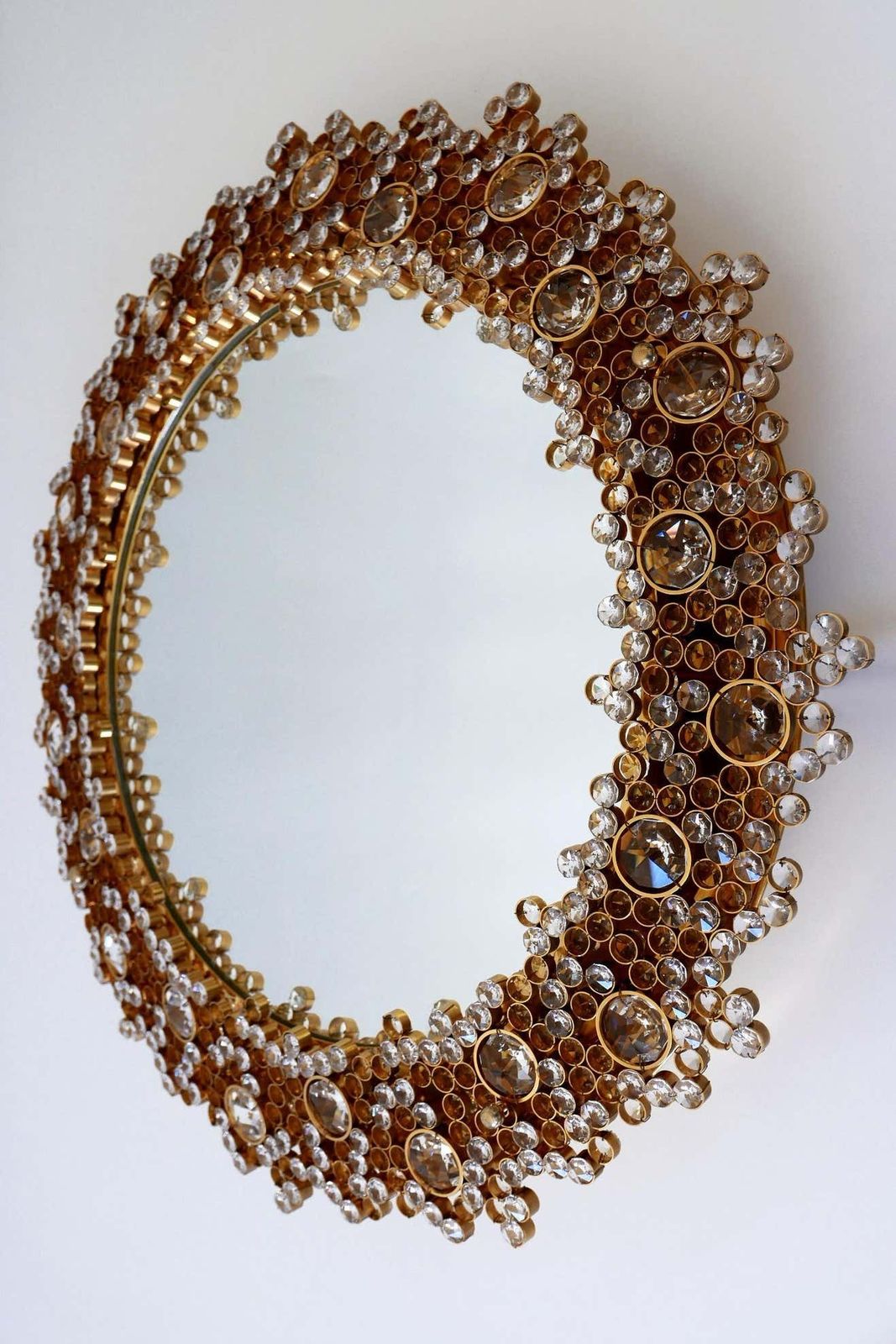 photo furniture Gorgeous Gilt Brass & Crystal Glass Backlit Wall Mirror By Palwa, Germany, 1970s