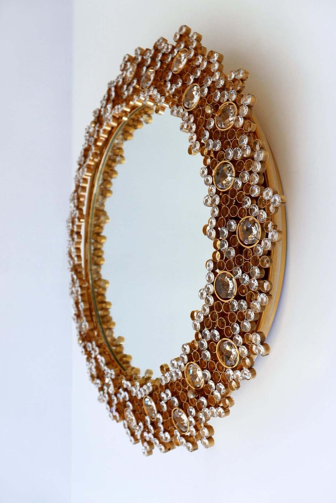 photo for sale Gorgeous Gilt Brass & Crystal Glass Backlit Wall Mirror By Palwa, Germany, 1970s