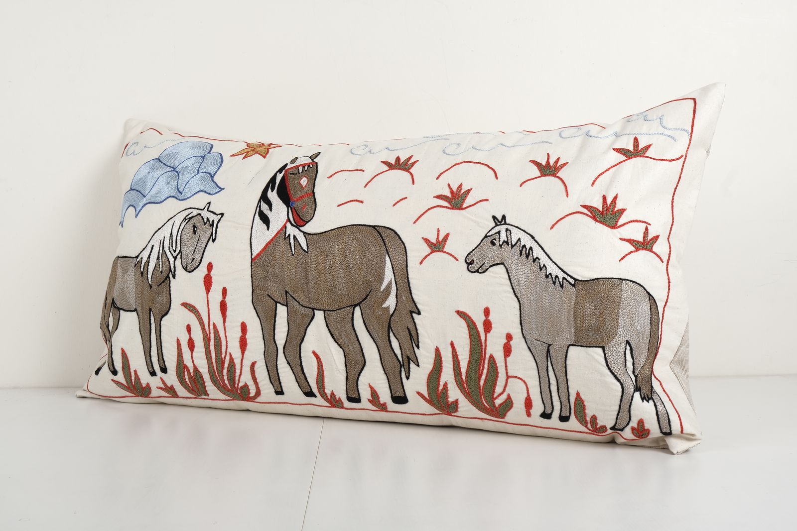King Vintage Cotton Suzani Pillow Cover With Animal Pattern, Exquisite Suzani Horse Bed Pillow Cover 18'' X 34'' photo Textiles