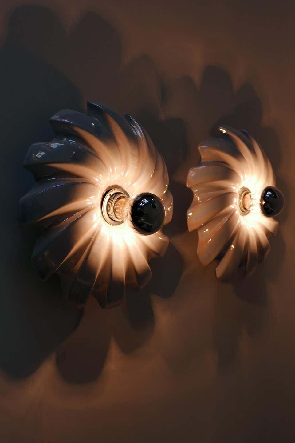 Set Of Two Mid Century Modern Iridescent Glazed Pan Wall Lamps By Goebel Germany photo for sale
