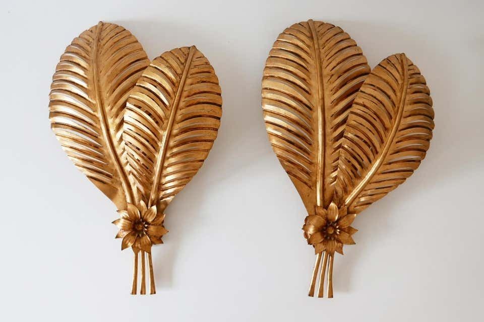 Set Of Two Extra Large Gilt Metal Palm Leaf Wall Lamps, Hans Kögl, 1970s Germany photo 4084.0