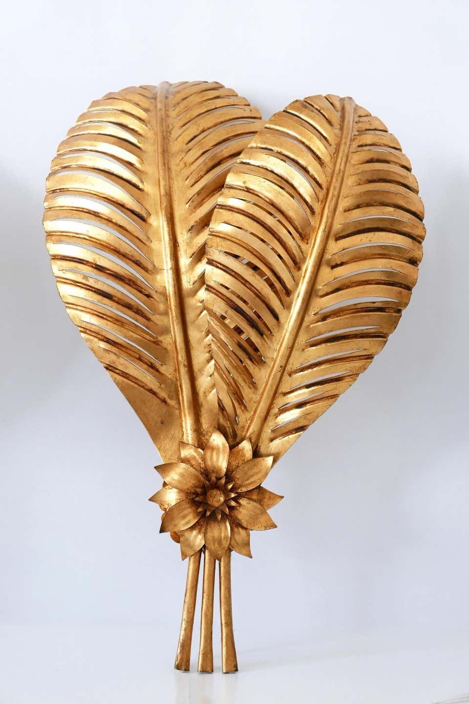 photo furniture Set Of Two Extra Large Gilt Metal Palm Leaf Wall Lamps, Hans Kögl, 1970s Germany