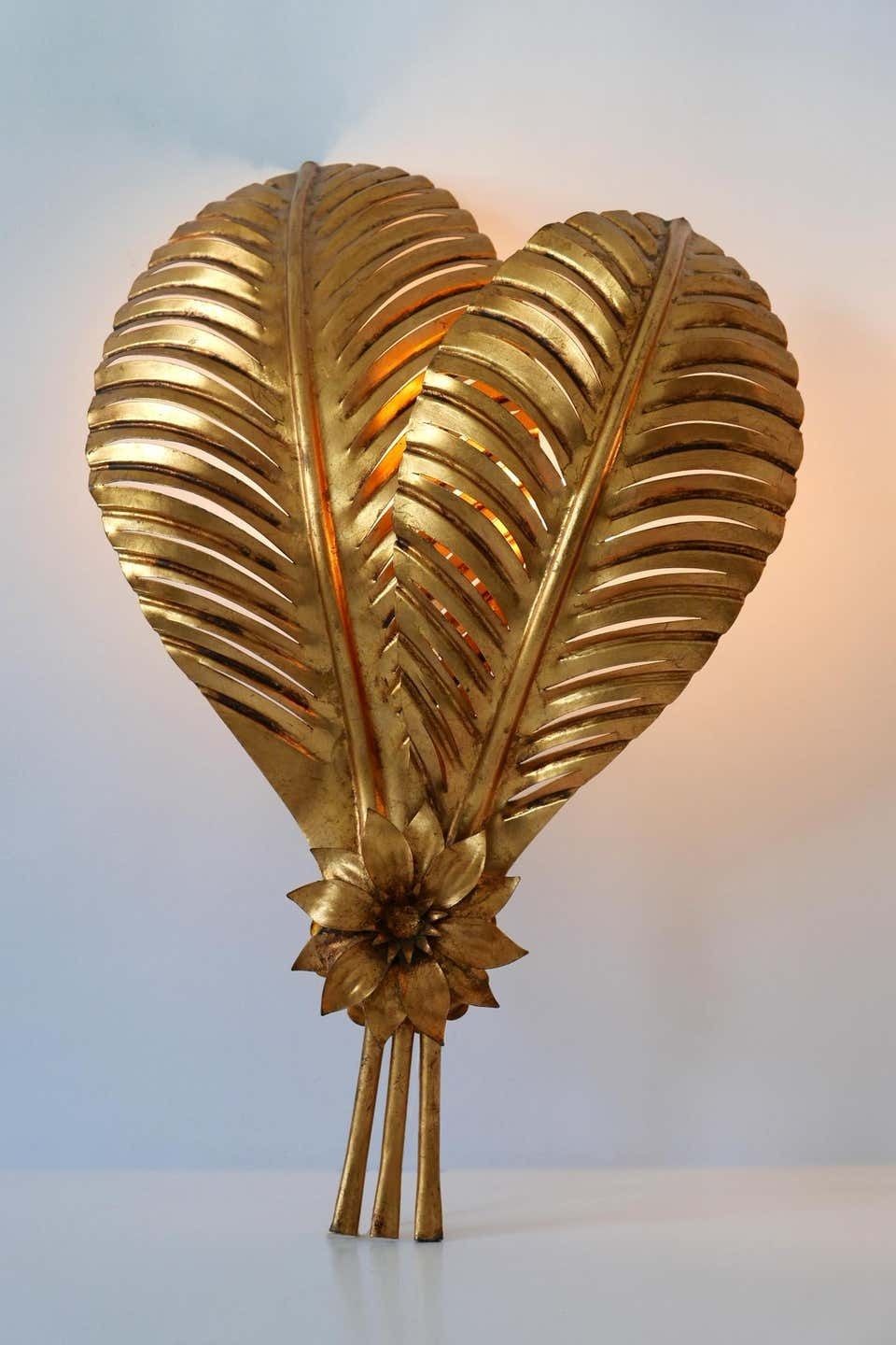 photo for sale Set Of Two Extra Large Gilt Metal Palm Leaf Wall Lamps, Hans Kögl, 1970s Germany