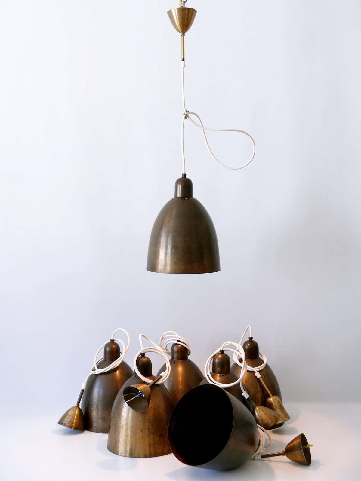 Lighting Rare & Elegant Mid Century Modern Brass Church Pendant Lamps Germany 1950s photo
