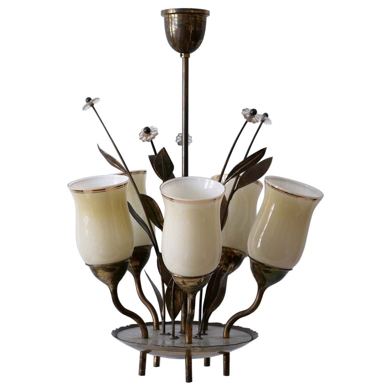 Exceptional Scandinavian Brass & Opal Glass Chandelier Or Ceiling Lamp, 1950s