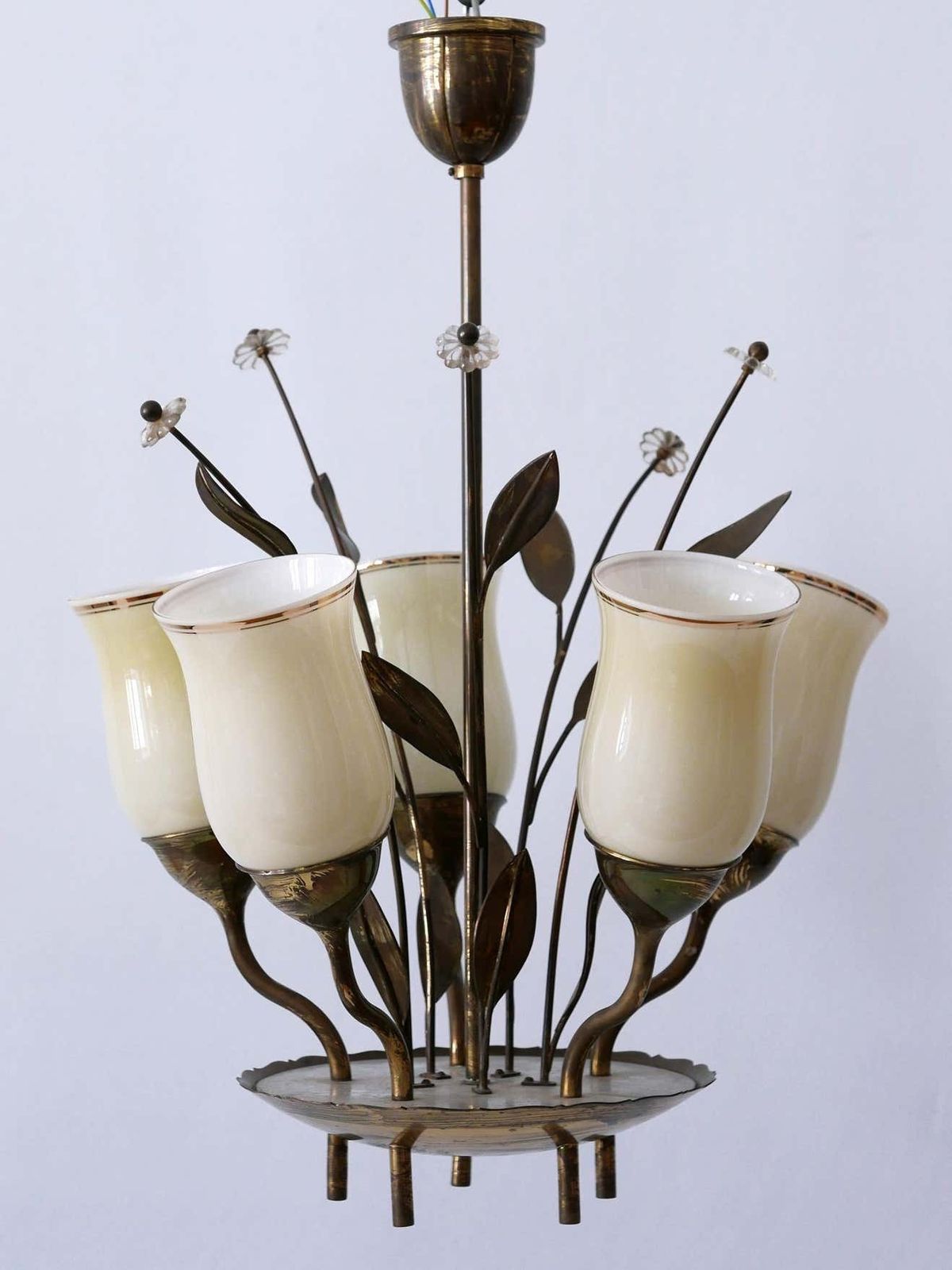 Exceptional Scandinavian Brass & Opal Glass Chandelier Or Ceiling Lamp, 1950s photo for sale