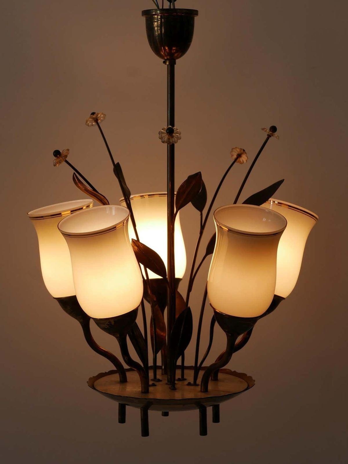 Exceptional Scandinavian Brass & Opal Glass Chandelier Or Ceiling Lamp, 1950s photo Lighting