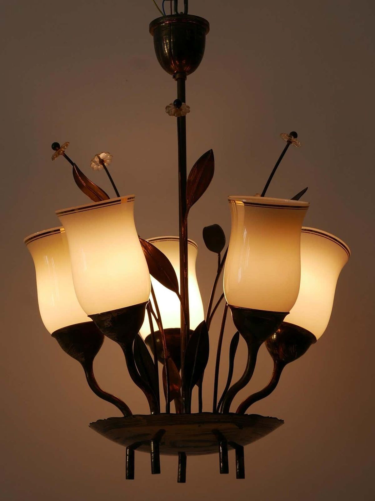 photo for sale Exceptional Scandinavian Brass & Opal Glass Chandelier Or Ceiling Lamp, 1950s