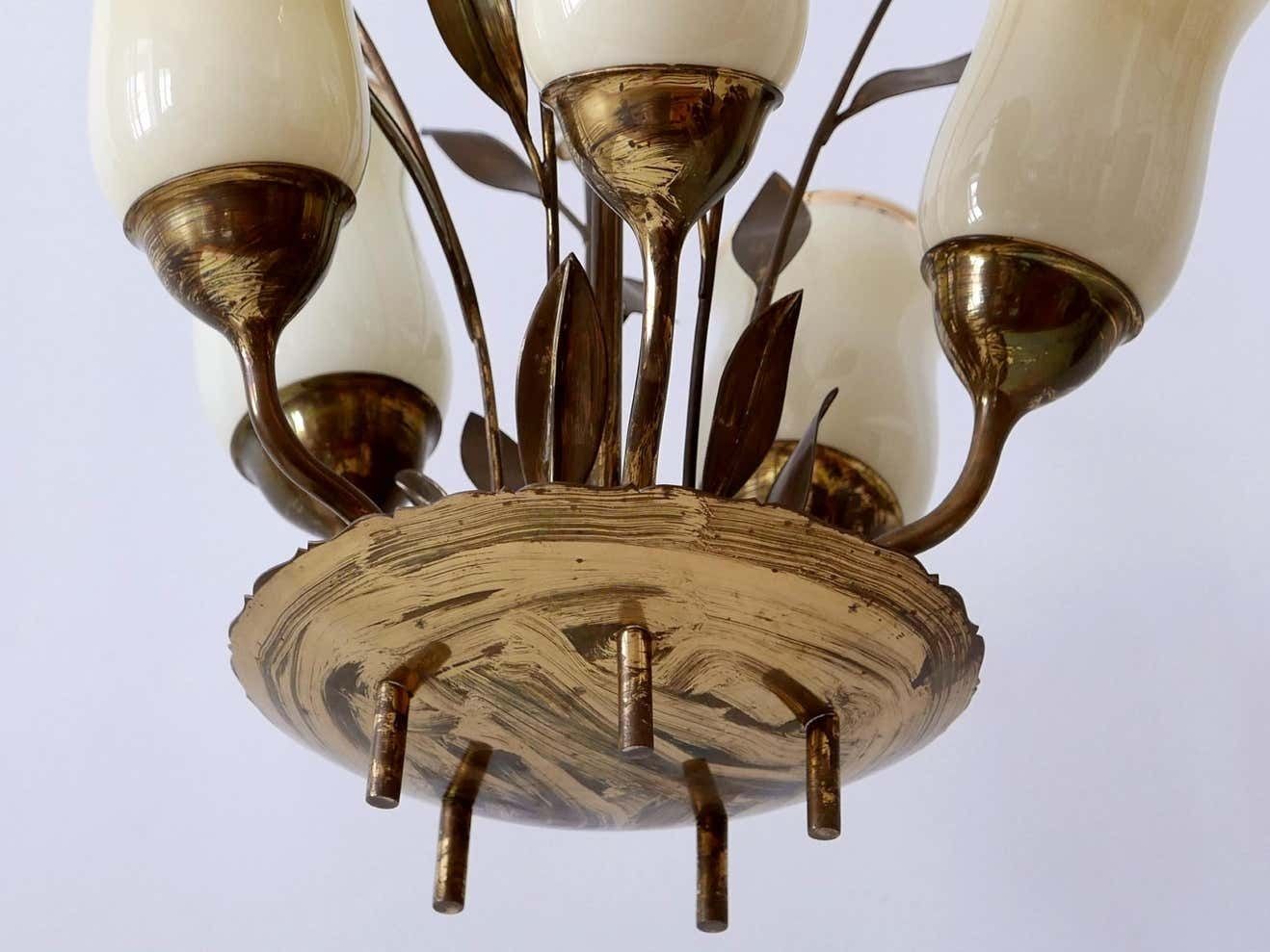 photo vinterior Exceptional Scandinavian Brass & Opal Glass Chandelier Or Ceiling Lamp, 1950s