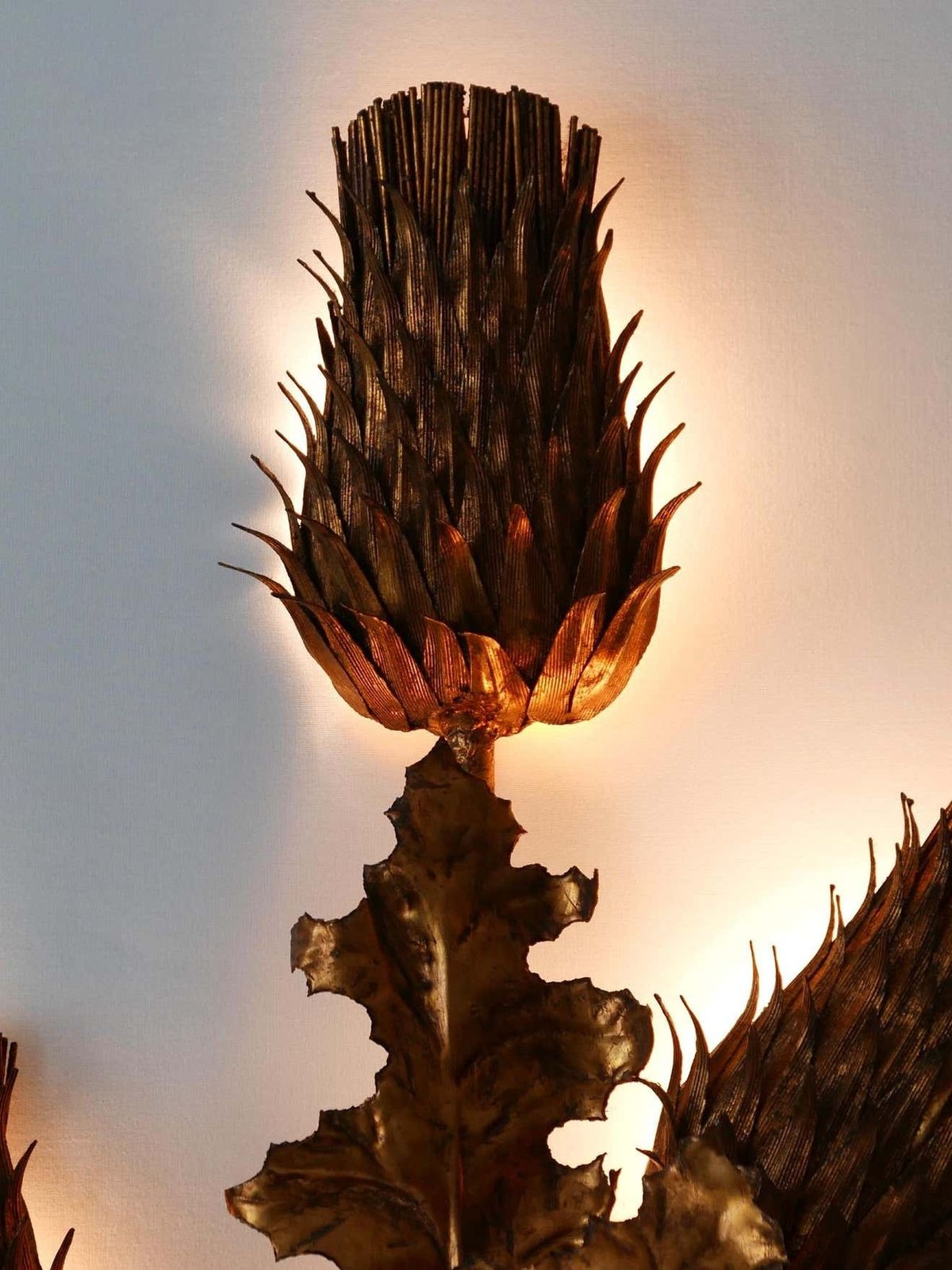 Huge Mid Century Modern Gilt Metal Three Flamed Thistle Flower Sconce 1960s photo vinterior