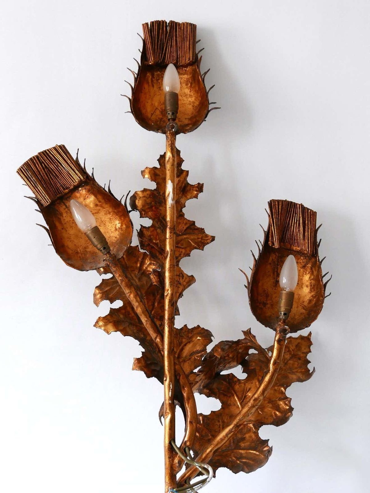 photo vintage Huge Mid Century Modern Gilt Metal Three Flamed Thistle Flower Sconce 1960s