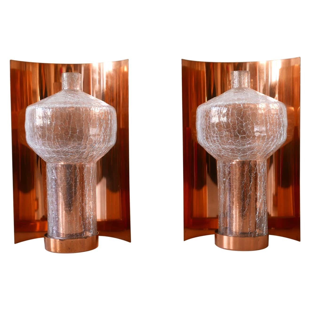 Set Of Two Mid Century Modern Copper & Glass Sconces By Kaiser Leuchten, 1960s