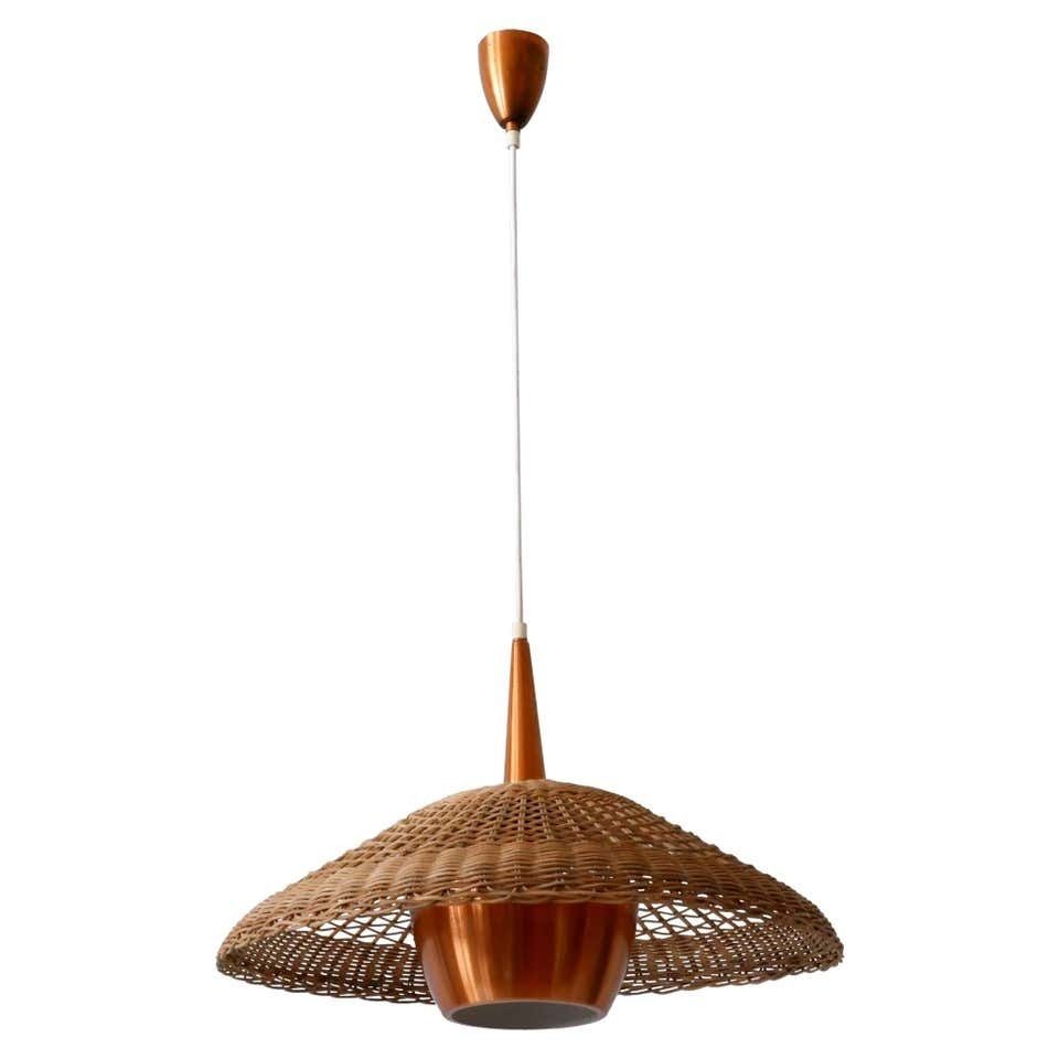 Large & Elegant Mid Century Modern Rattan & Copper Pendant Lamp Denmark 1970s