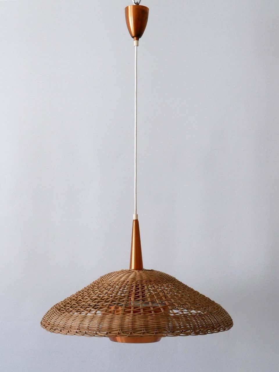 Large & Elegant Mid Century Modern Rattan & Copper Pendant Lamp Denmark 1970s photo for sale