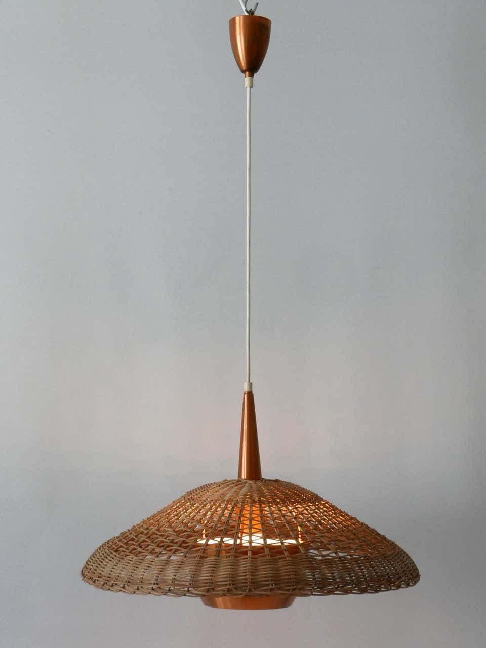 Large & Elegant Mid Century Modern Rattan & Copper Pendant Lamp Denmark 1970s photo Lighting