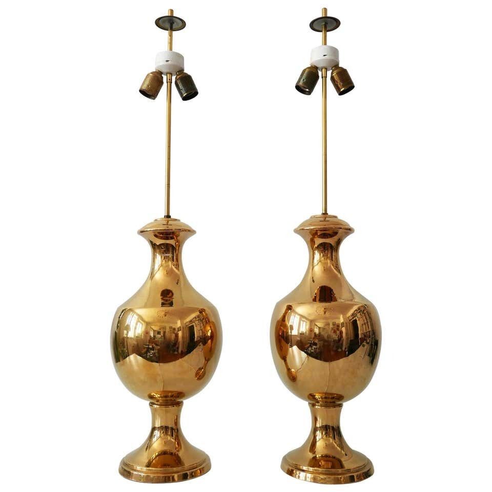 Set Of Two Huge Gold Glazed Ceramic Table Lamps By Behreno Firenze 1960s Italy