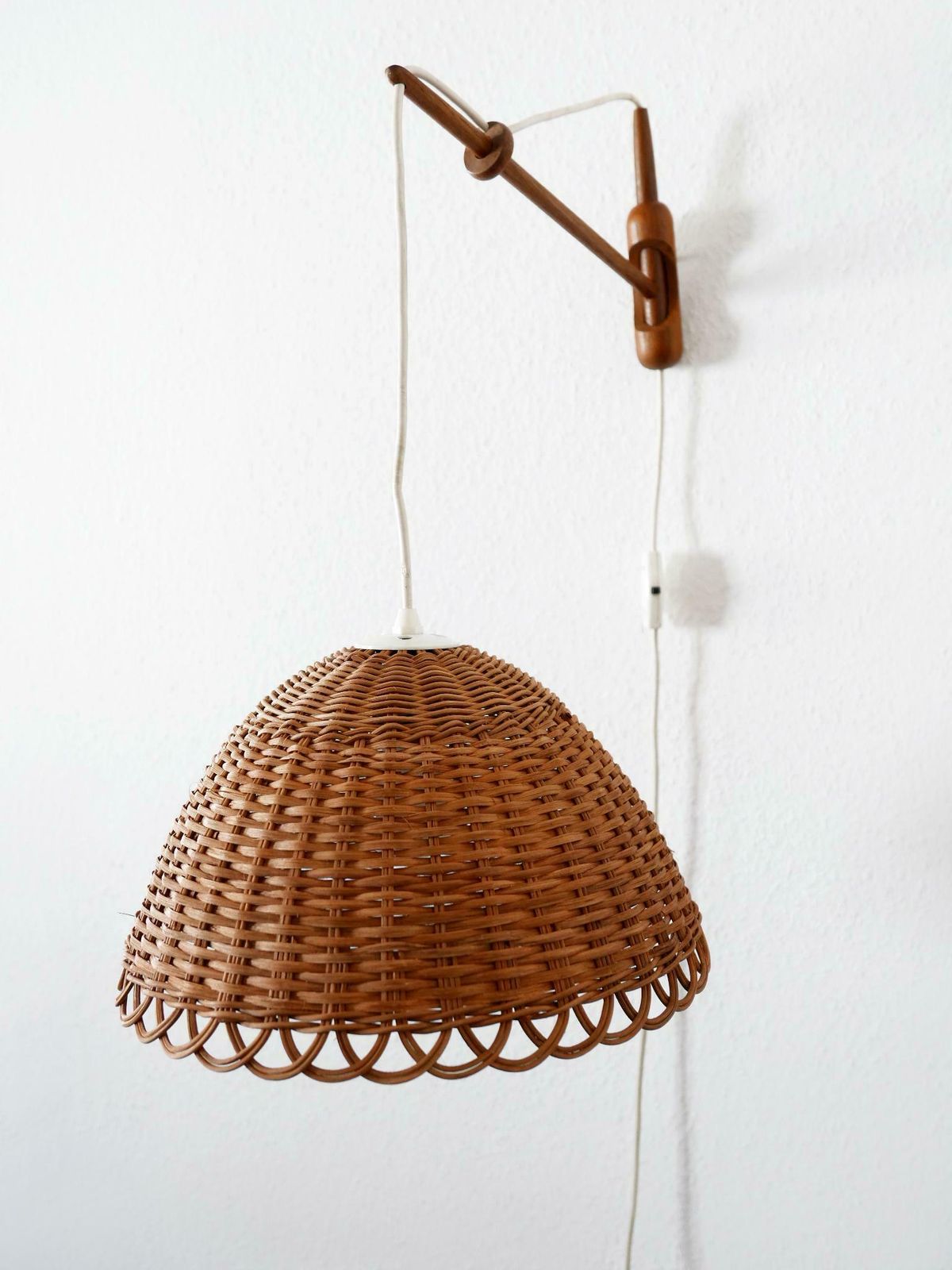 photo for sale Rare & Elegant Mid Century Modern Rattan & Teak Wall Lamp Scandinavia 1960s