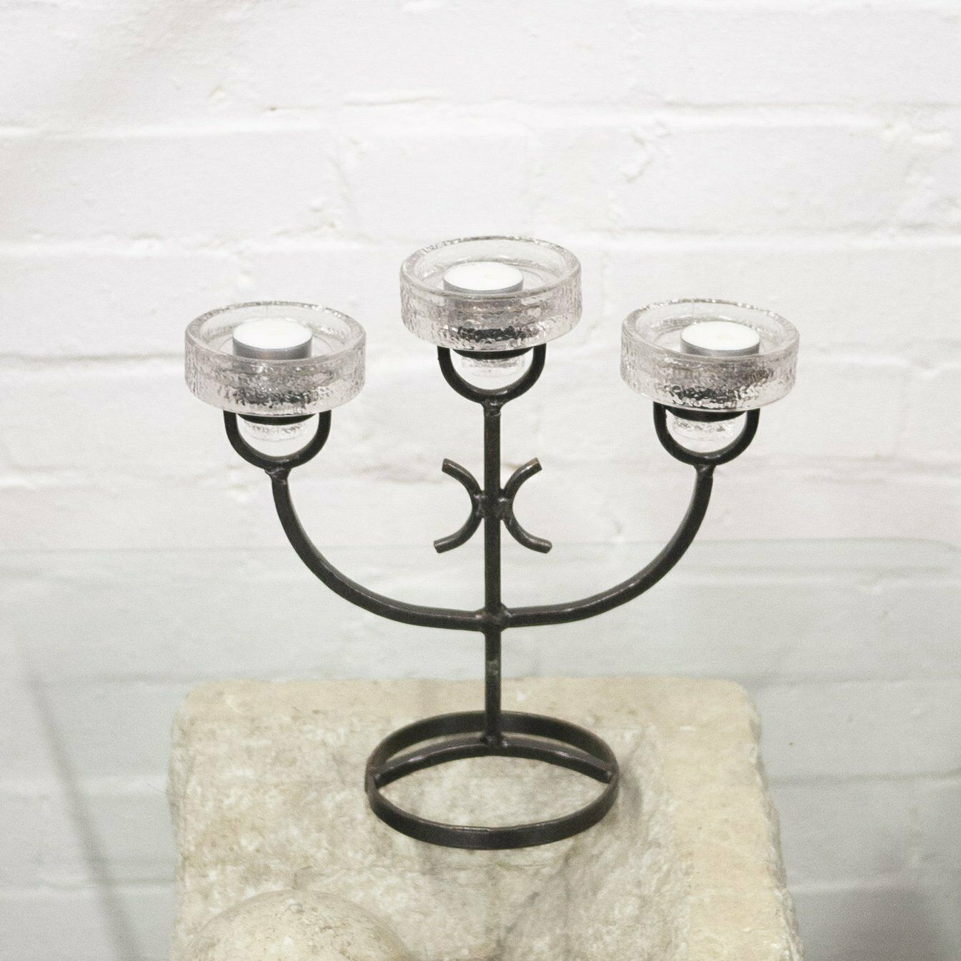 Vintage Swedish 3 Arm Iron Candelabra With Glass Inserts, 1970s