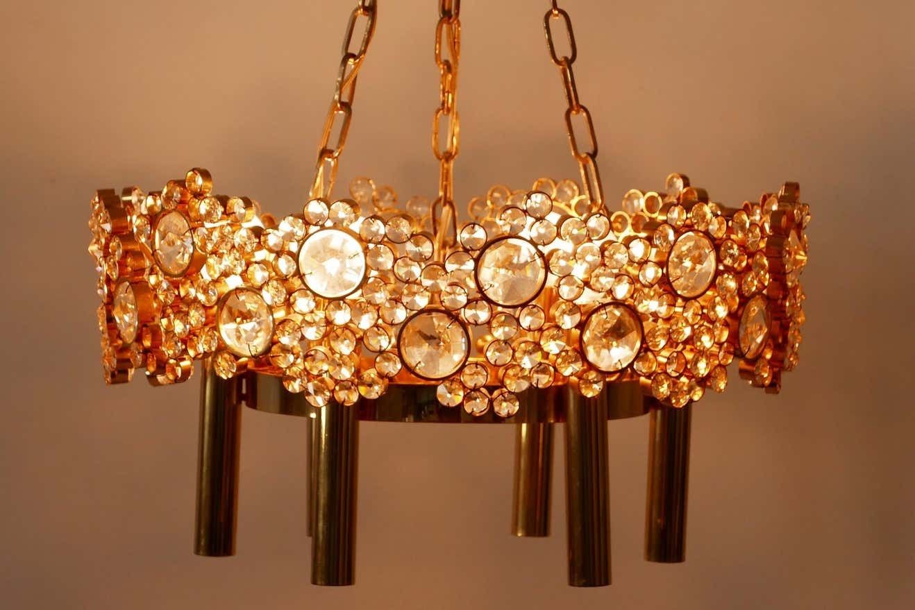 photo for sale Gilt Brass Facet Cut Crystal Glass Chandelier ''Jewel'' By Palwa, 1970s, Germany
